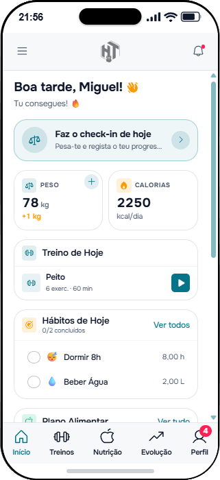 App HTBOX · Ecrã inicial com check-in, treino do dia e hábitos