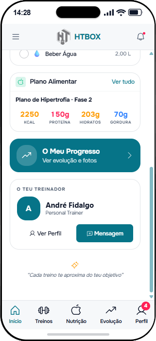 App HTBOX · Plano alimentar, progresso e contacto com o treinador